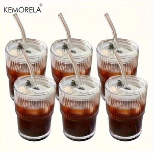 46 pcs 450 ml de verre à rayures tasse de verres transparents avec couvercle et café de paille tasse de thé à thé