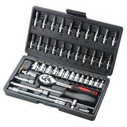 46 pièces Kit d'outils combinés 14 clé à cliquet tournevis à douille avec boîte à outils en plastique clé ensemble d'outils à main de réparation de voiture domestique 240115