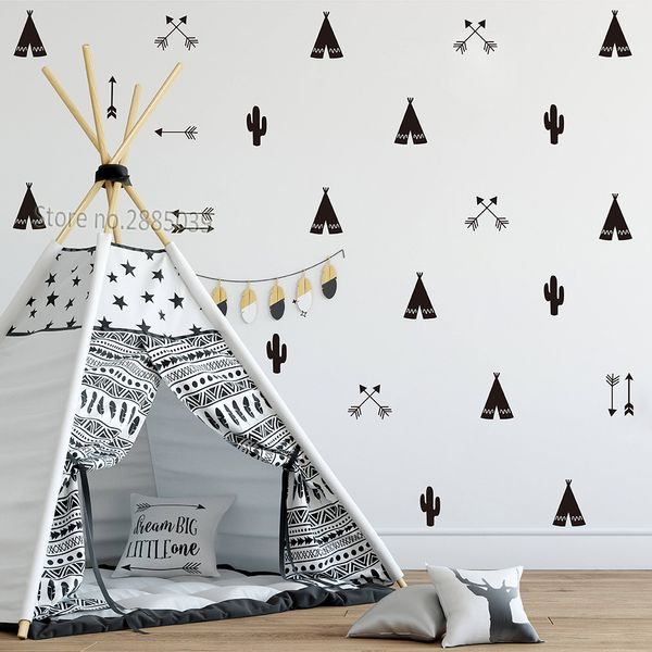 46pcs / set Tipi Tente Flèche DIY Stickers Fort Autocollant Mural Autocollant Pour Enfants Bébé Pépinière Décoration Murale Autocollants Vinyle JW590 Y200102