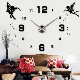 47 inch acryl grote muurklok zelfklevende engel tijd sticker DIY 3D quartz klokken Digitale horloge voor woonkamer home decor 210930