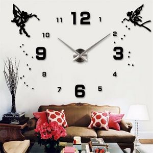 47 pouces acrylique grande horloge murale auto-adhésif ange temps autocollant bricolage 3D horloges à quartz montre numérique pour salon décor à la maison 211110