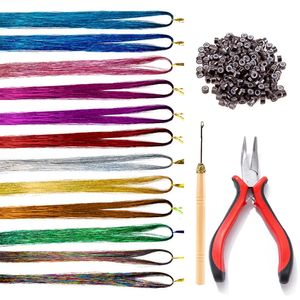 Kit d'extensions de cheveux de 47 pouces en guirlandes avec outil 12 couleurs mixtes 2400 mèches scintillantes braider les cheveux brillants pour les filles 240408