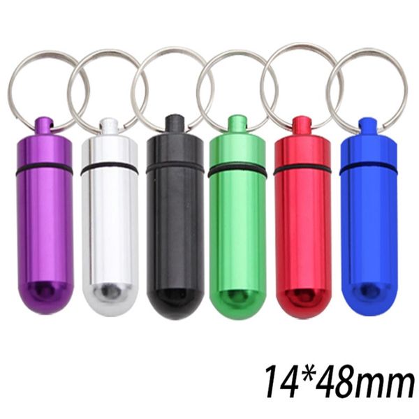 Porte-clés de conteneur en métal 48x14mm, support de boîte à pilules en aluminium, porte-clés multifonction de premiers secours, bouteilles en aluminium, pot scellé