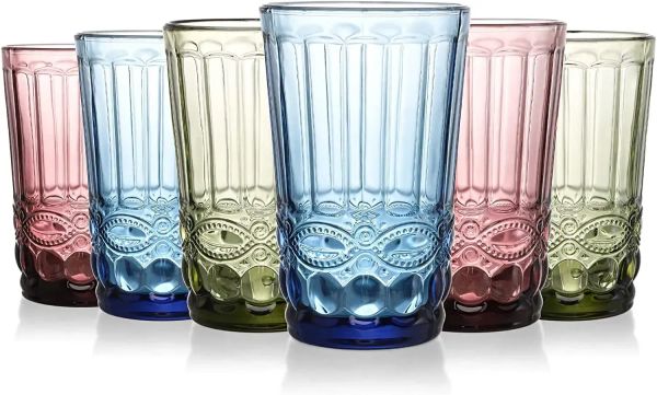 48 pièces Carton Lunes à eau colorées Vintage Verage Boire Lunets romantiques Colored Glassware Water Juice Beverages Barres FY5920