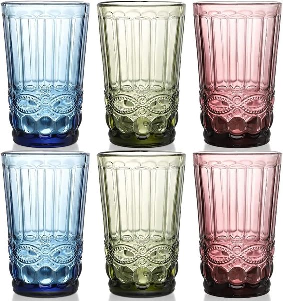 48 pièces / carton Verres à eau colorés Verres à boire vintage Verres romantiques en relief Verrerie colorée Eau Jus Boissons Bars 831