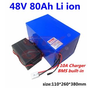 Batterie li-ion 48v, 80ah, pour vélo et trottinette électrique 1000/1500/2000W, avec chargeur 10a