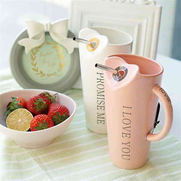 480ml Mode Paille Céramique Tasse Café Lait Thé Petit Déjeuner Tasse Tasses En Porcelaine Verres Nouveauté Cadeaux 210409