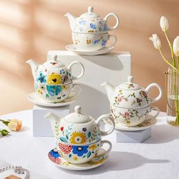 Service à thé de l'après-midi à fleurs de 480ml, théière en céramique, soucoupe, tasse à café en porcelaine, bouilloire pour un cadeau de mariage, 240102