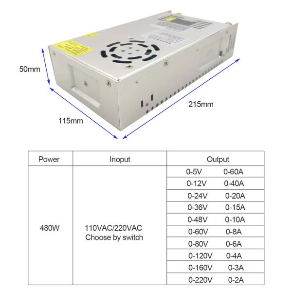 480W Affichage numérique Alimentation Alimentation Alimentation Réglable Tension Courant limite 0-5V 12V 24V 36V 48V 60V 80V 120V 220V, HJS-480