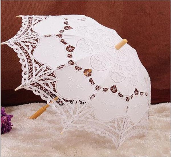 48 cm blanc long manche fait à la main art mariage pétoncle bord broderie pur coton dentelle mariage parapluie parasol romantique mariée P3918878