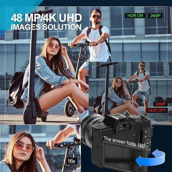 Caméra numérique 48MP pour la photographie et le vlog - Caméra automatique 4K pour YouTube avec carte TF de 32 Go, 2 batteries, zoom 16x, anti-tireur, appareil photo vidéo avec grand angle de 52 mm