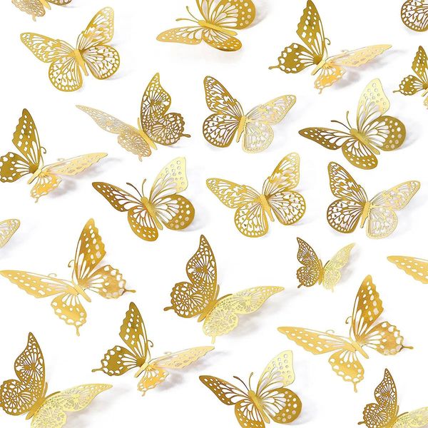 48pcs 3d Decor mural papillon 4 styles 3 tailles décorations d'or pour la fête de fête d'anniversaire 240429