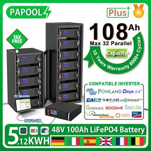 Batería LiFePO4 de 48V, 100Ah, 200Ah, 51,2 V, 5,12 kW, 6000 ciclos, 32 CAN RS485 paralelo, BUS, batería de iones de litio de 108% de capacidad, sin impuestos