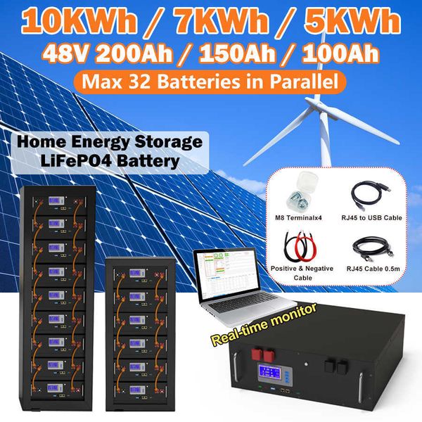 Batterie LiFePO4 48V 150Ah 100Ah 200Ah 51.2V 10KWh 7KWh intégrée 16S BMS et RS485 CAN Max 32 parallèles pendant 10 ans