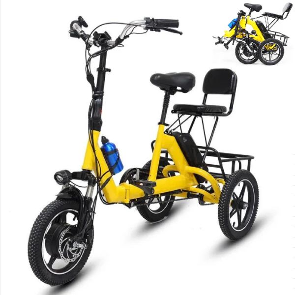 Tricycle électrique 48V 350W pour adultes petit vélo électrique pliant 14 pouces 2 personnes avec panier siège arrière amovible