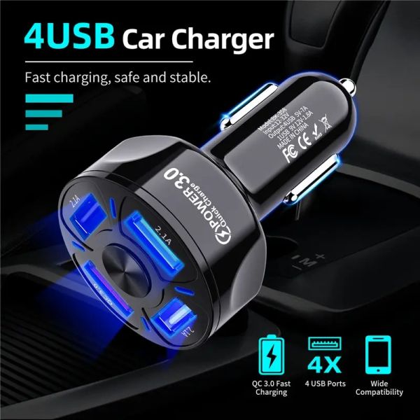 48W 4 Port USB Car Chargeur LED Fast Charging Pild 7A Adaptateur de charge de téléphone rapide pour iPhone 12 11 Samsung Xiaomi Huawei en voiture