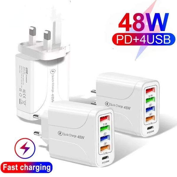 48W USB Chargeur Rapide Adaptateur Secteur 5 Ports 5A PD USB C Type-C Adaptateur Chargeur Mural EU US UK Plug Pour Samsung S22 Note10 iPhone 14 13 Xiaomi Chargeurs de Téléphone