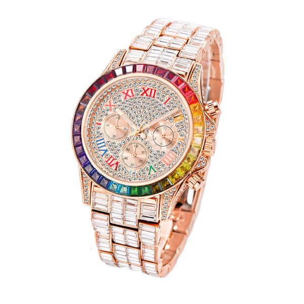 49 2024 Fashion Hip Hop Lao Jia Luxury Rainbow di Full Square Diamond Trois yeux Roman Digital Men's Watch