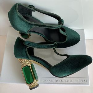 49 Emerald Dress Agate Chunky Wedding Jeweled High Heel Shoes T-String Green Veet Round Teen Pumps Women 230822 SS