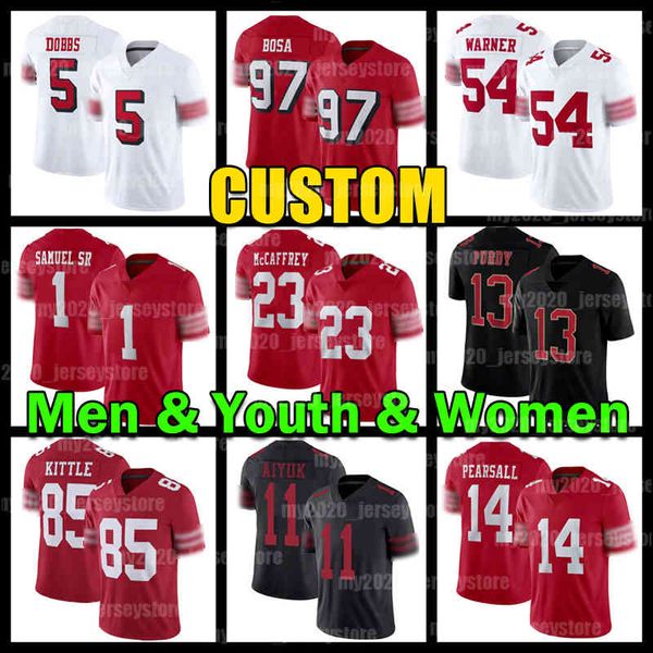 23 Christian McCaffrey Niners Football Jersey 13 Brock Purdy 1 Deebo Samuel Sr. 5 Joshua Dobbs Ricky Pearsall George Kittle Fred Warner Jerry Rice Nick Bosa Joe Montana