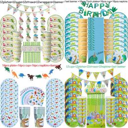 49 pcs Dinosaure Fête À Thème Vaisselle Ensemble Assiette En Papier Tasse Serviette Bannière Dino Heureux 1er Fête D'anniversaire Décoration Pour Enfants Garçons 211216