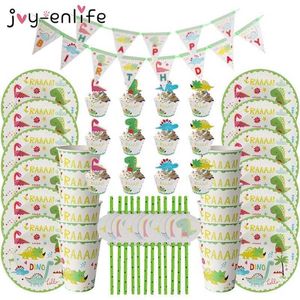 49pcs dinosaure thème fête vaisselle ensemble assiette en papier tasse serviette bannière Dino joyeux 1er anniversaire décoration de fête pour enfants garçons 201006