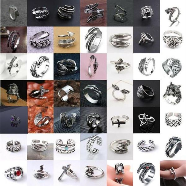 49 unids / lote Hombres Mujeres Anillos de Banda Retro Acero Inoxidable Animal Garra Dragón Pluma Anillo Ajustable Hip Hop Aleación Punk Joyería Regalos2684