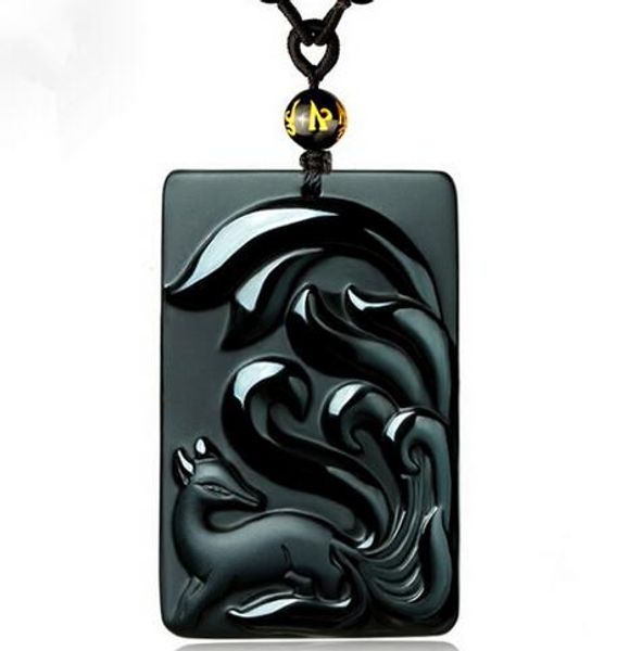49x36mm 100% obsidienne noire naturelle sculptée pendentif porte-bonheur renard à neuf queues + collier gratuit cristal fin pour bijoux femme homme