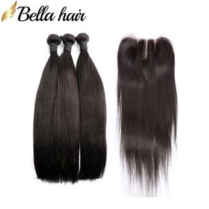 Paquetes de cabello virgen peruano recto con cierre 3 partes 4x4 Cierres de encaje Extensiones de trama de cabello humano sin procesar Bellahair