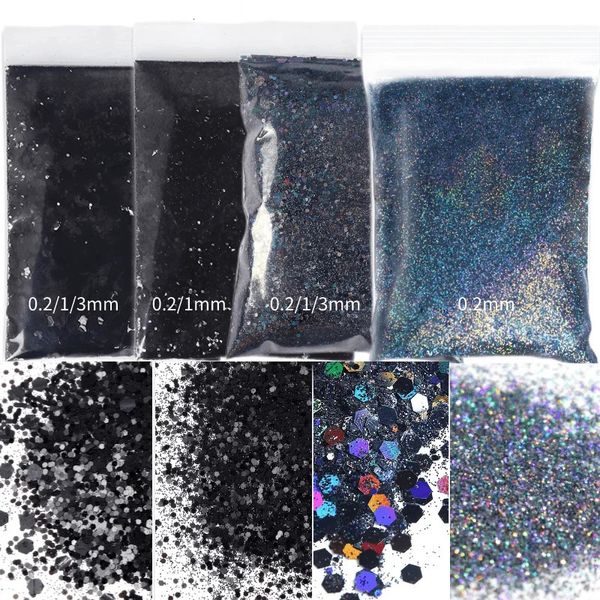 4 sacs * 50g de poudre de paillettes d'ongles épaisses noires pures holographiques scintillantes mélangées de paillettes hexagonales décoration ongles accessoires fournitures 240202