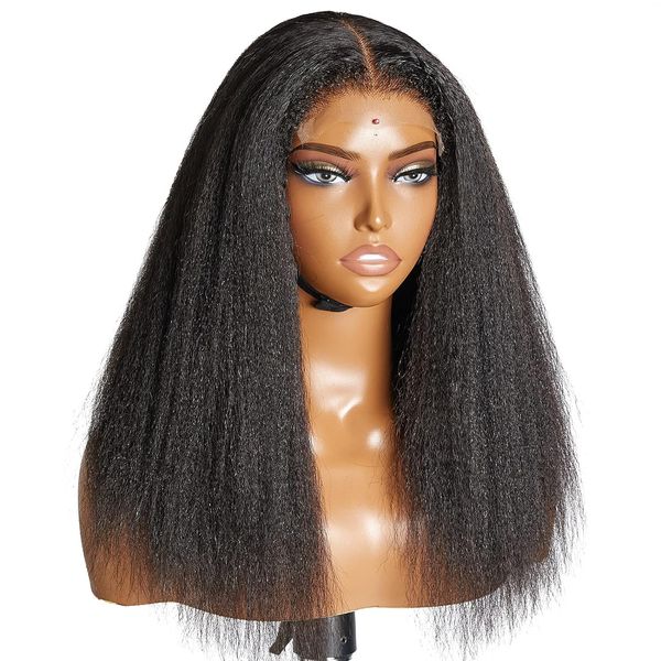 4C Kinky Edges Lace Front Wigs 16 pouces Kinky Straight Perruque de cheveux humains Transparent 5x5 HD Lace Closure Wig sans colle naissance des cheveux naturelle perruque frontale