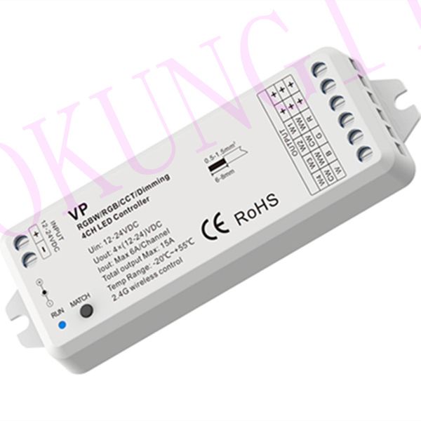 VP RGBW/RGB/CCT/atenuación 4 canales RGBW LED RF controlador 12 V-24 V CC voltaje constante 4 en 1 2,4G RF receptor inalámbrico