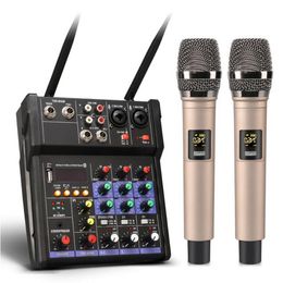 Livraison gratuite Mélangeur audio 4 canaux avec microphone UHF Mélange sonore REC Bluetooth Enregistrement USB 48 V Alimentation fantôme DJ Mixer Hdnkr