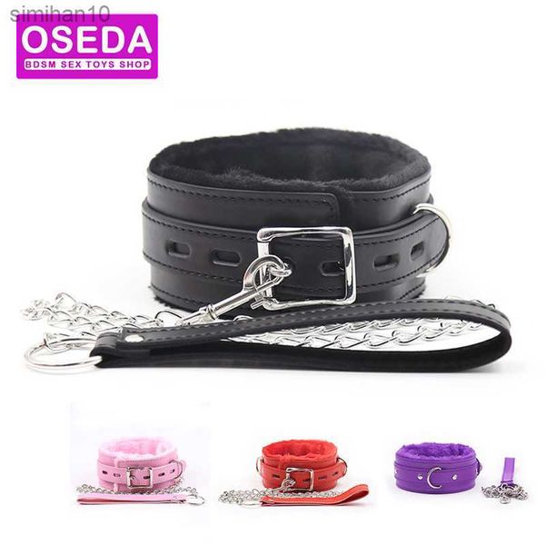 4 colores Faux Leather Slave Collar Leash Neck Gargantilla con cadena de metal Collier Bdsm Bondage Juegos para adultos Juguetes sexuales para mujeres Parejas L230518