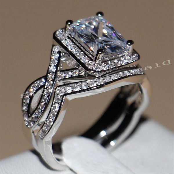 4ct princesse coupe bijoux de luxe 10KT or blanc rempli topaze CZ diamant Diamonique bagues de fiançailles de mariage ensemble pour Women360S