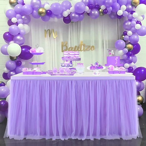 4FT / 6FT / 9FT Jupe de table en tulle violet Fête de mariage Tutu Vaisselle Tissu Baby Shower Sexe Révéler Fête d'anniversaire Décoration de la maison 240315