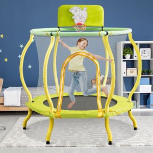 Trampoline de 4 pieds pour enfants : mini trampoline d'intérieur pour tout-petits de 48 pouces avec enceinte, panier de basket-ball et ballon inclus, conçu en arc et entièrement entouré pour une protection supplémentaire