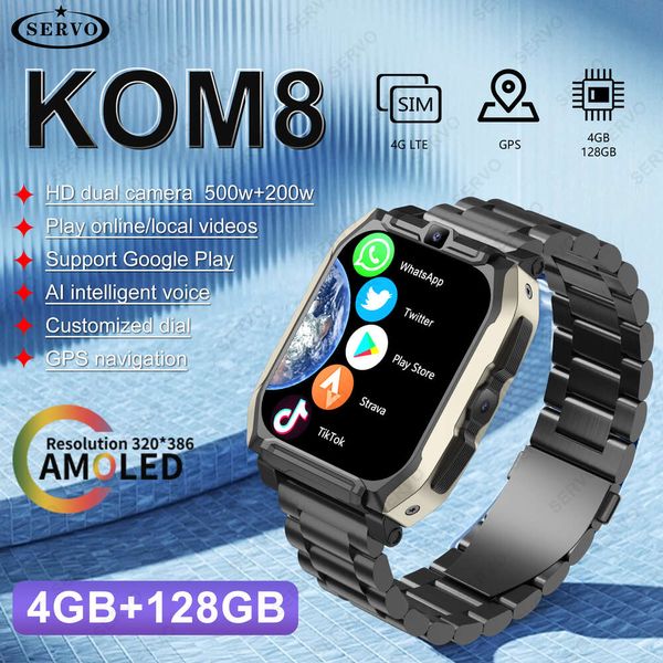 Reloj inteligente 4G + 128GB KOM8 tarjeta SIM Android cámara HD para hombres y mujeres Wifi GPS Google Play Store llamada música reconocimiento facial 2024