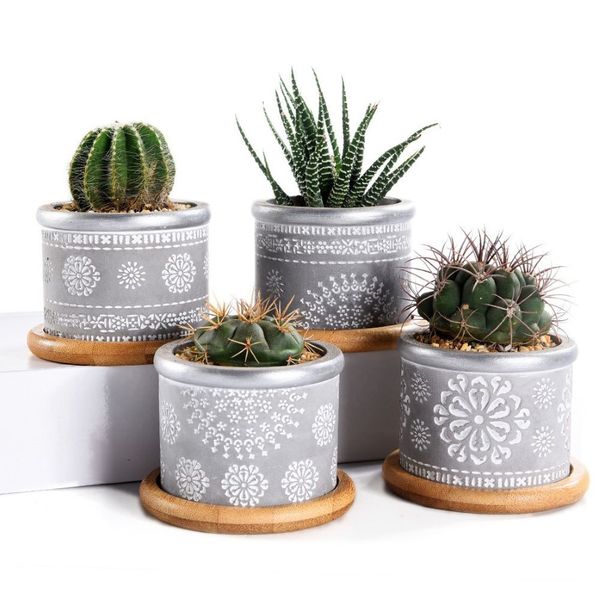 Ensemble 4in 2 95inch Ciment succulent Planter Pots Cactus Pot Pot Indoor Small Concrete Herb Boîte Box Continer Bamboo Y20072269S