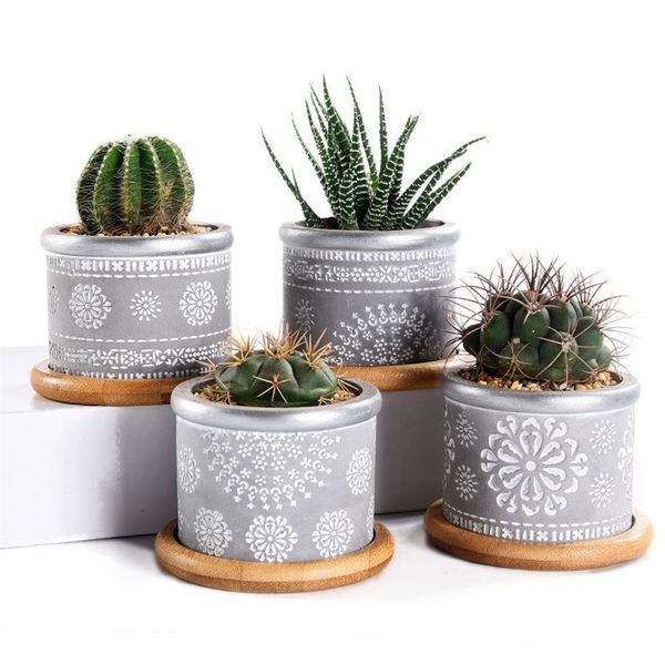 4In Set 2 95 pouces Ciment Succulent Planteur Pots Cactus Plante Pot Intérieur Petit Béton Herbe Fenêtre Boîte Conteneur Avec Bambou Y200722852