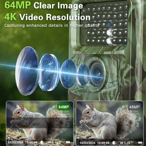 Caméra de sentier 4K 64MP sans vision nocturne Glow IP67 Écran de chasse imperméable de 2 pouces pour surveillance de la faune extérieure 240426