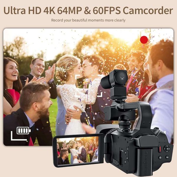 Videocámara 4K de 64MP con zoom de 18X, vlogging de enfoque automático HD de 60 fps, pantalla táctil de 40, micrófono, estabilizador de mano, tarjeta SD de 64 GB, control remoto y estuche