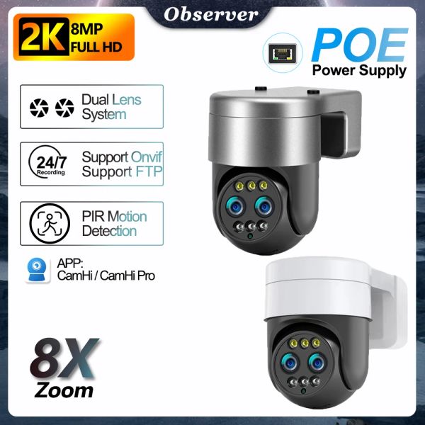 4K 8MP Dual Lens Poe WiFi survivale Caméra 2K FHD 8X Zoom extérieur binoculaire IP CAM AUTO Suivi CCTV compatible avec NVR FTP