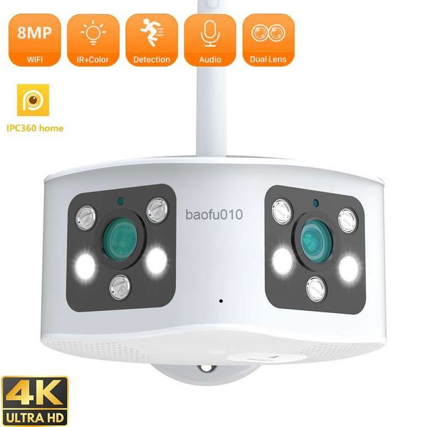 4K 8MP Double objectif Wifi IP Caméra Extérieure 180 Ultra Grand Angle de Vue Panoramique Détection Humaine CCTV Caméra Vidéo Surveillance L230619