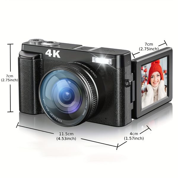 Appareil photo numérique 4K pour la photographie et la vidéo, mise au point automatique anti-tremblement, appareil photo Vlogging 48 MP avec carte SD, appareil photo compact à écran rabattable 3'' 180° avec flash, zoom numérique 16X