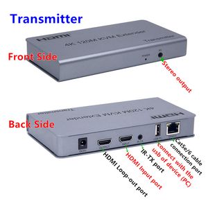 Freeshipping HD-MI KVM Extender USB Mouse / Keyboard Extension 120m door Cat / RJ45 / LAN / UTP Netwerkkabel IR-besturing TX / RX 3.5mm R / L Audio-uitvoer