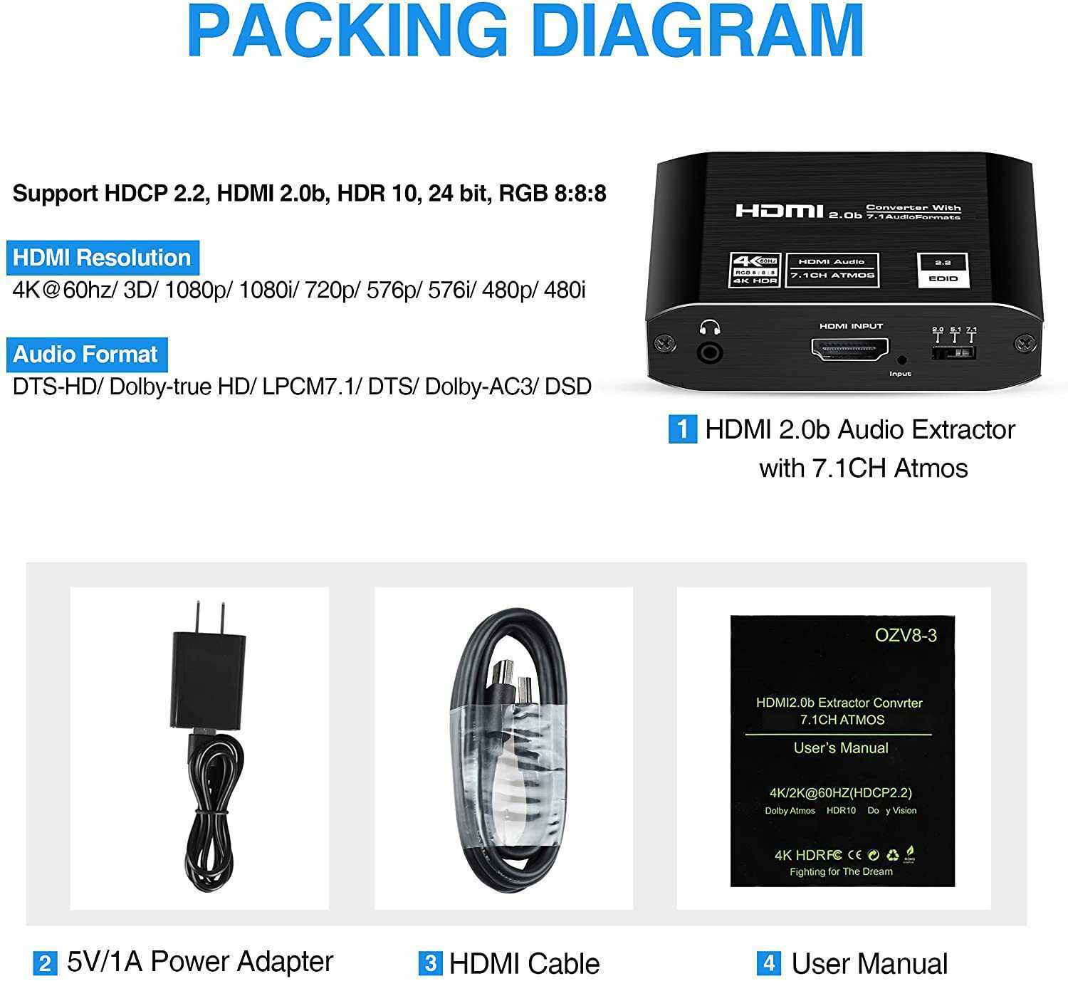 4K HDMI2.0B Audio Separator HDMI Output 7.1ch HDCP2.3 4K60Hz Dolby Panoramic Sound