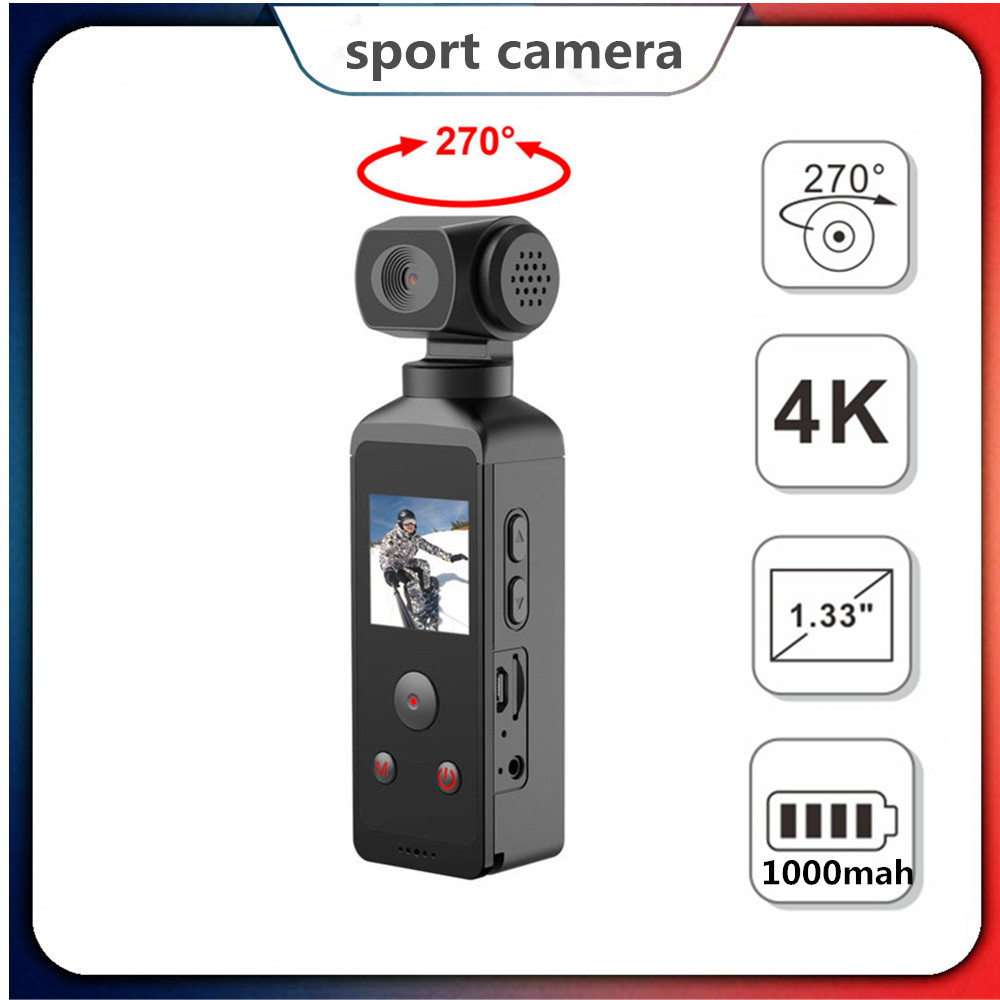 4K-Sport-Taschenkamera, Videokamera, Mikrofon, Line-in-Schnittstelle, um 270 Grad drehbares Objektiv des Camcorders, klein und tragbar