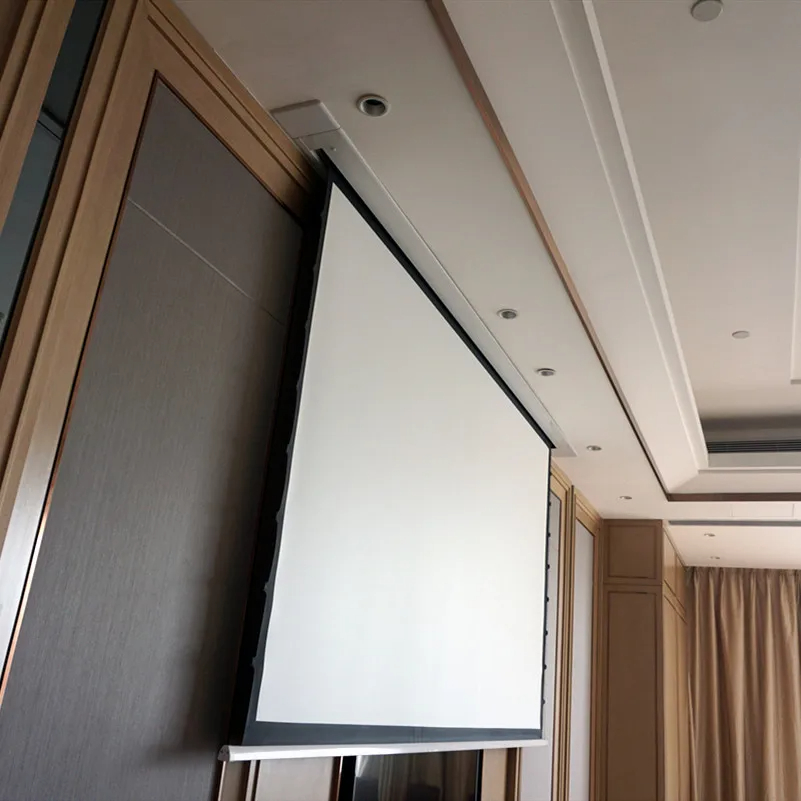 Schermo di proiezione retrattile montato a soffitto nascosto elettrico bianco cinema UHD 4K con telecomando IR IR trigger 12V Controllo vocale AI