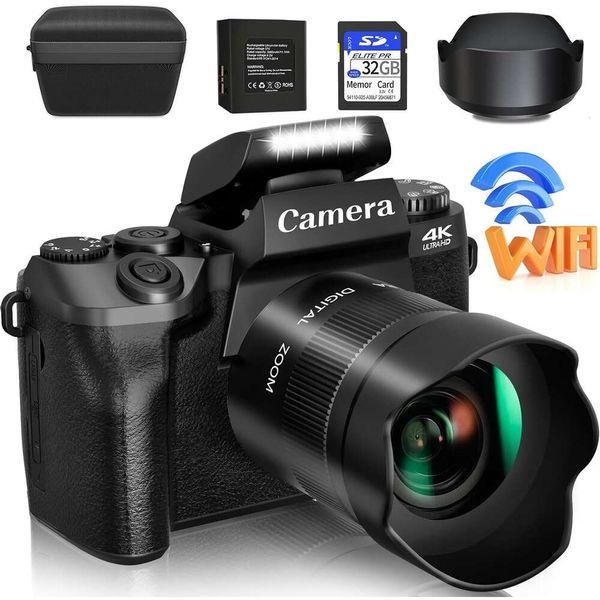 Caméra numérique WiFi 4K avec résolution 64 MP, écran tactile, carte SD 32 Go, Sunshade et 3000mAh - Perfect for Photography et YouTube Videos